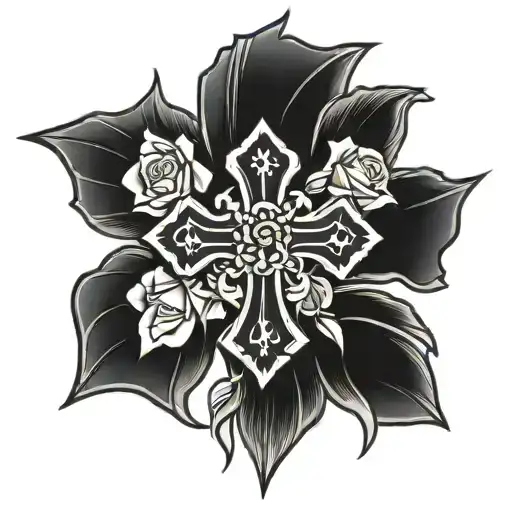 Solid Black Cross With Rose