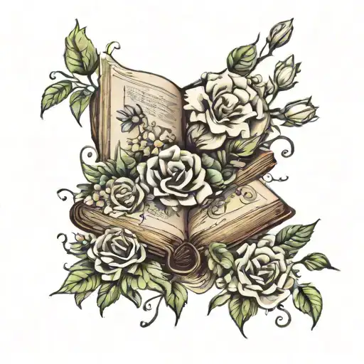 Old Worn Book Open Surrounded By Flowers