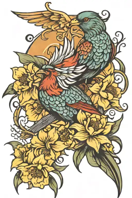 Daffodils And Phoenix Bird