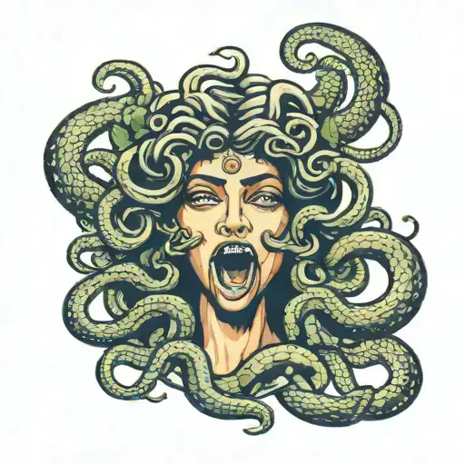 Medusa With Bold Eyes And Snakes Covering Mouth Open With Egyptian Lotus Flower
