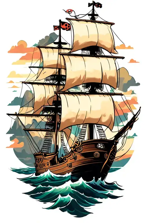 Pirate Ship And Eyes Surrounded My Mountain Range