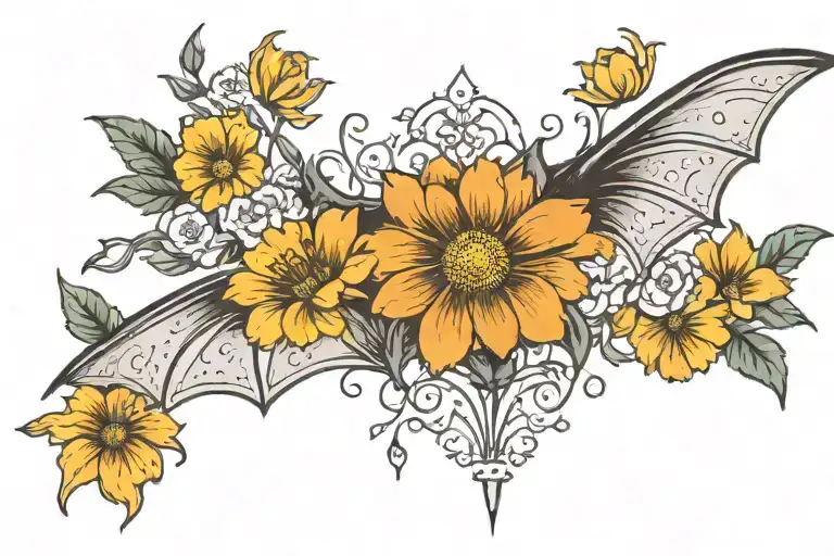 Bat And Marigolds And Cosmos Flower