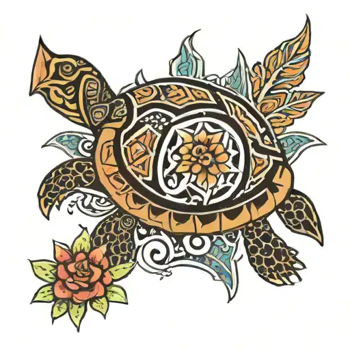 Tribal With Flowers And Turtle Surrounded