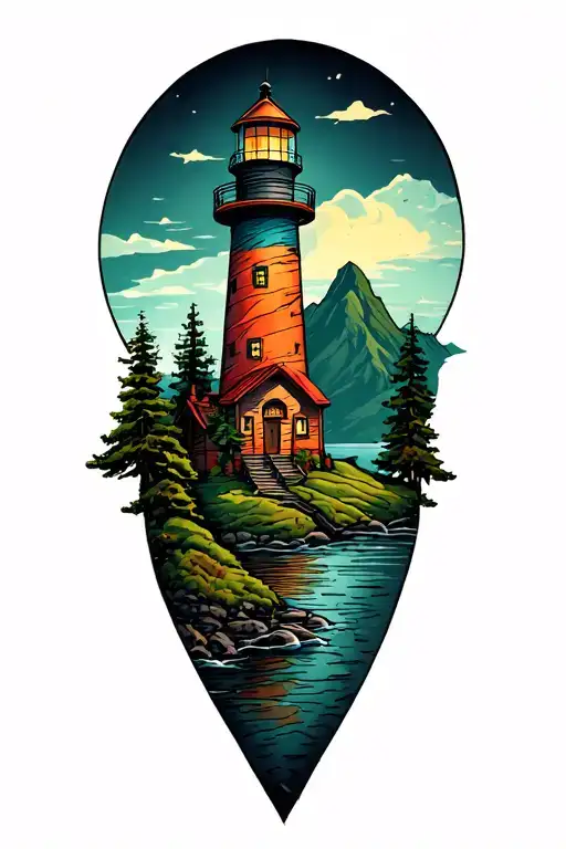 Light House Nestled Between Green Mountains