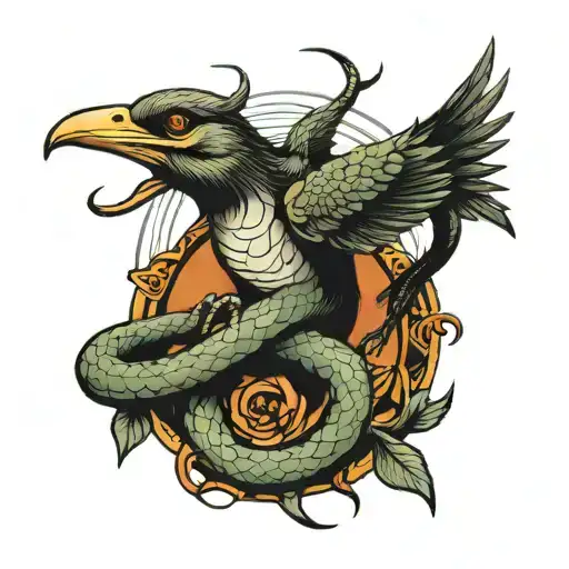 A Bird That Has A Snake Wrapped Around It Upside Down And Had Sword Through The Middle Between Them
