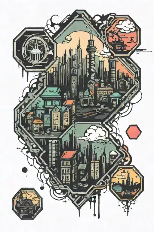 Hexagon And Post Apocalyptic Cityscape Black And Bright Colors
