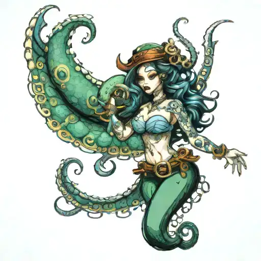 Octopus Mermaid Sea Pirate Map Mythology