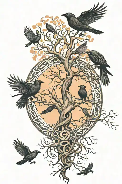 Yggdrasil Tree And 6 Ravens Flying Towards