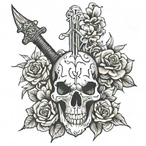 Animal Skull With Swords Going In And Flowers Growing