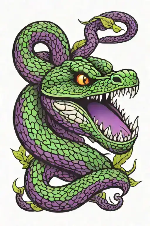 Black And Purple Snake With Mouth Open Green Fangs