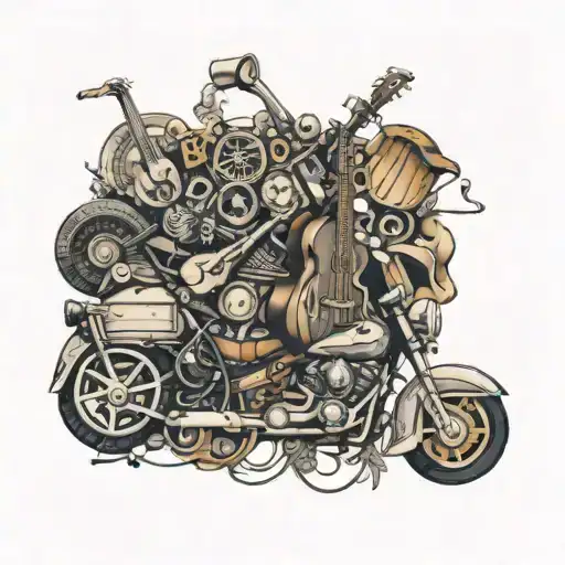 A Collage Of Different Musical Instruments And Motorcycle Parts Forming A Unique Design