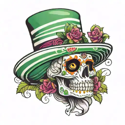 Sugar Skull Wearing Green And White Striped Hat With A Single Emerald Dangling From The Brim