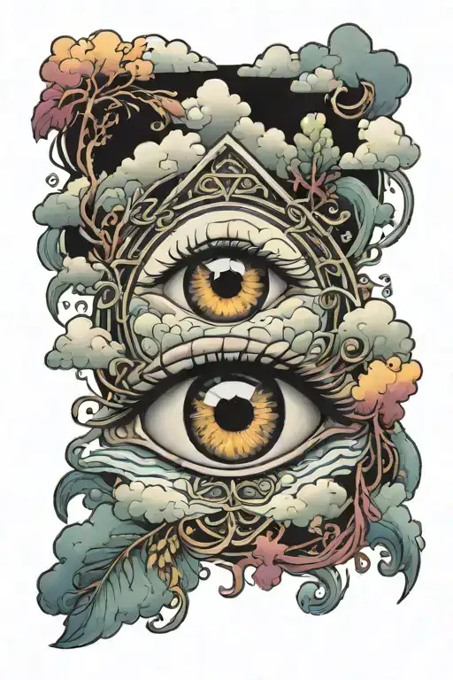 Eye Surrounded By Water Tress And Clouds