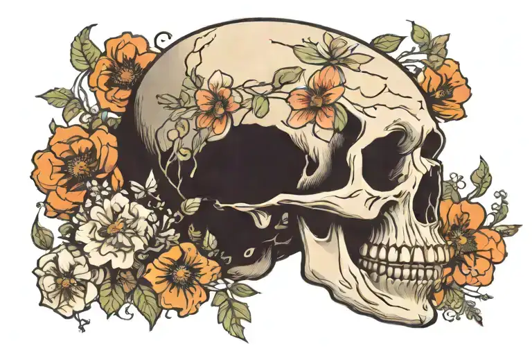 Skull And Wildflowers And Mushrooms Growing Inside