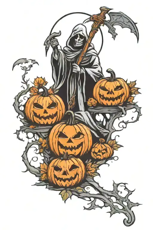 Three Scary Pumpkins In A Grave Yard With The Grim Reaper