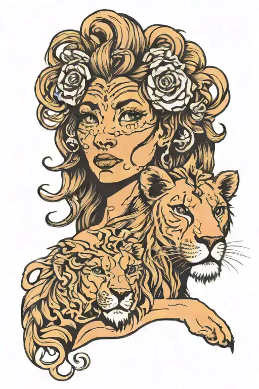 Lion Head And Half Women Self Portrait