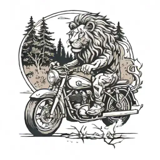 A Lion Riding A Vintage Motorcycle Through A Forest
