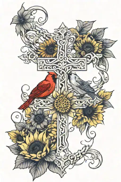 Cross Intertwined With Sunflowers Wrapped And Red Cardinal