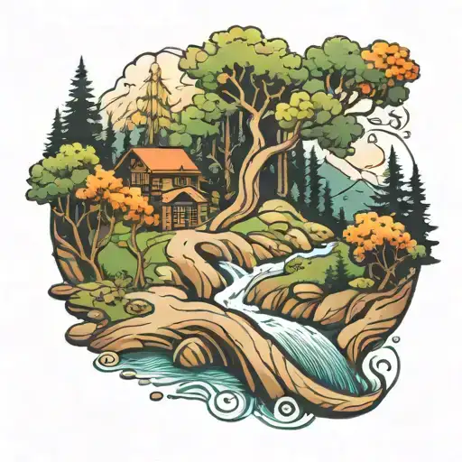 River In Forest Flowing Downhill And Winding