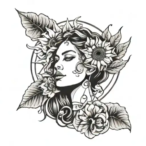 Really Simple Line Drawing Of Women Face The Sun And Flowers