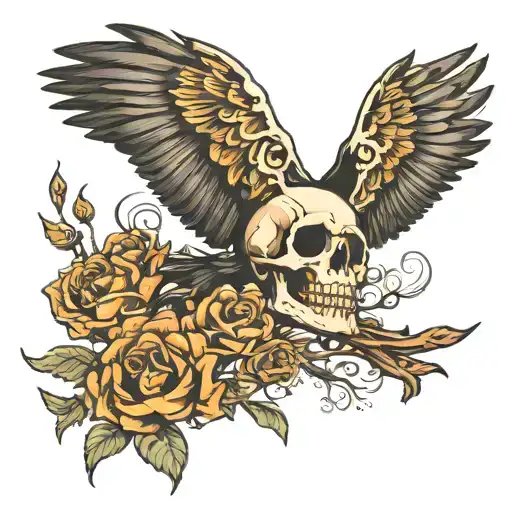 Skull And Raven Flying Flowers