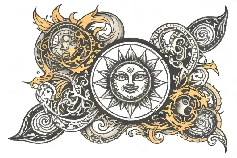 Above Knee Tattoo Of Sun And Moon In An Infinity Symbol With Flames