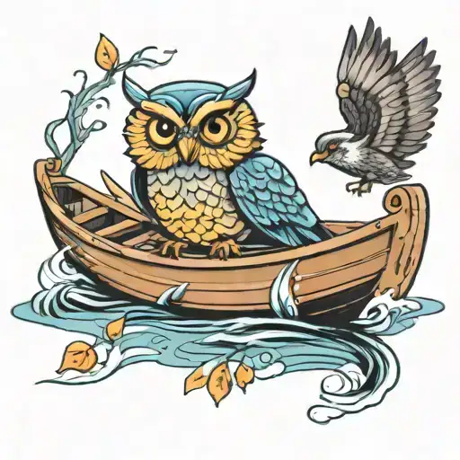 Cartoon Owl Rowing Boat With Blackbird On Edge Of The Boat With Rippling Water - Colour