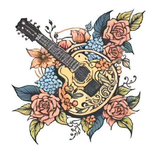 A Guitar Surrounded By Blooming Flowers And Plants