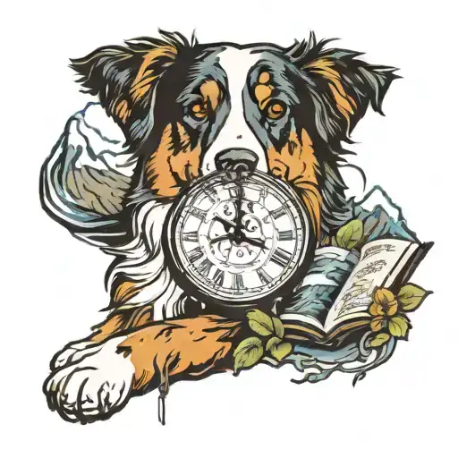 Book With Compas With Broken Clock With Mountain With Australian Shepherd