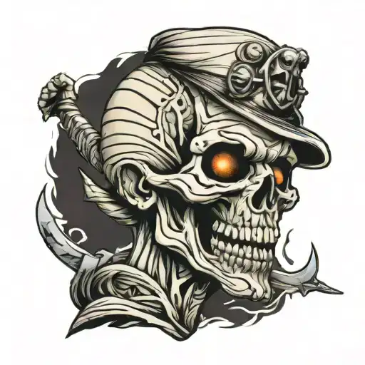 Mummy With Skull Head Stnding Up And Holding A Knife To His Teeth