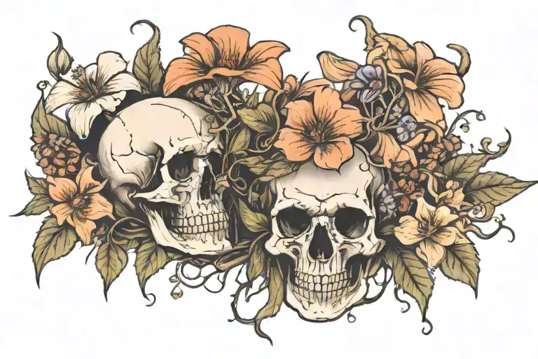 Skull And Wildflowers And Mushrooms Growing From A Crack