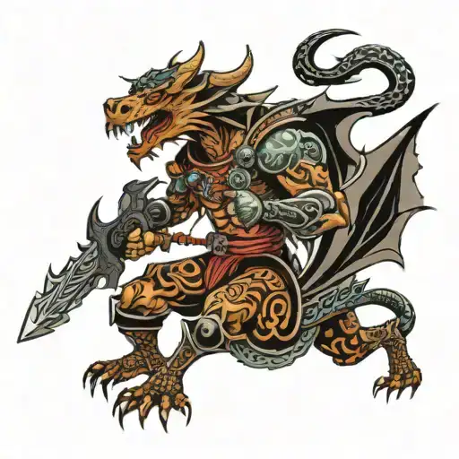 A Headhunter Warrior Adorned With Tribal Tattoos And Wielding A Dragon-themed Weapon