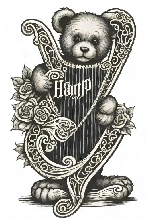 Harp Name Written With Heart And Teddy Bear