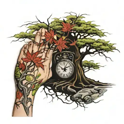 Japanese Maple Tree Forearm Tattoo With Its Roots Turning Into A Hand Tattoo Of A Clock
