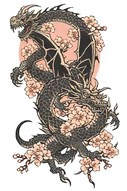 Dragon Against Sakura Background Under Night Sky