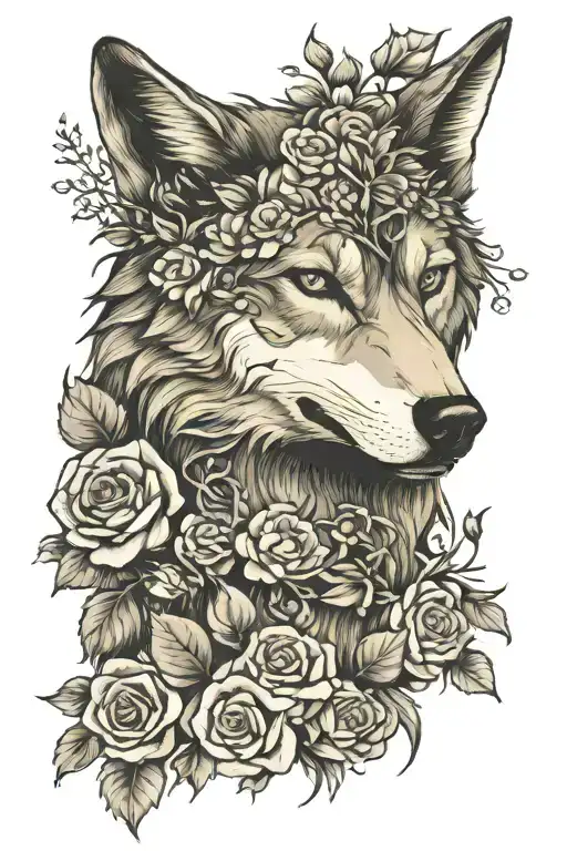 Wolf Blended By Roses And Mayflowers