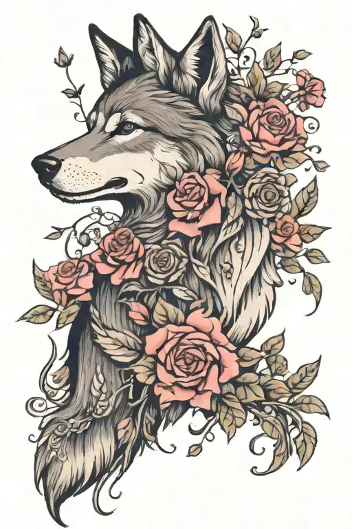 Feminine Wolf Blended By Roses And Mayflowers