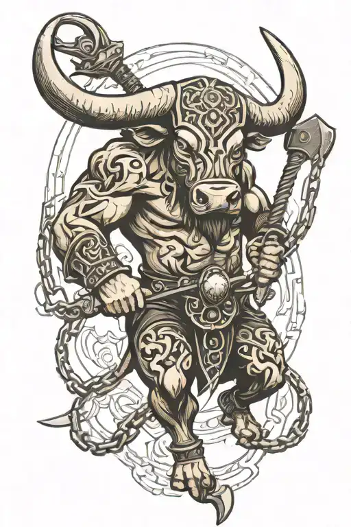 A Powerful Bull With Chains And A Slavic Axe