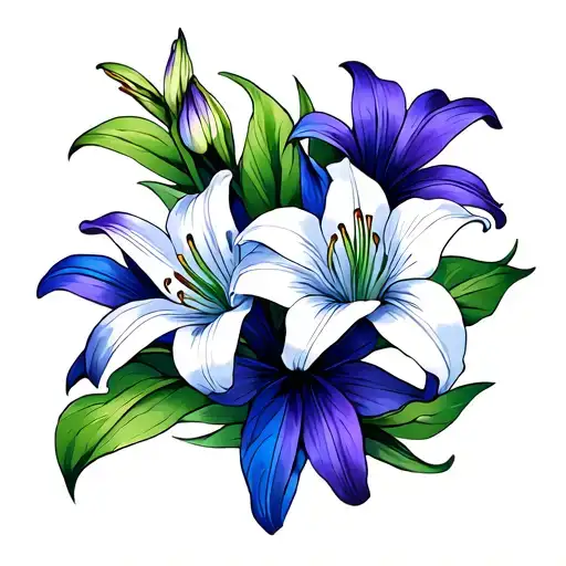 Double Pedal Lily Flowers Intertwined Blue Purple And White