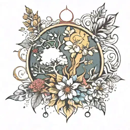 Floral Design Combining Elements Like Trees Snow Sun