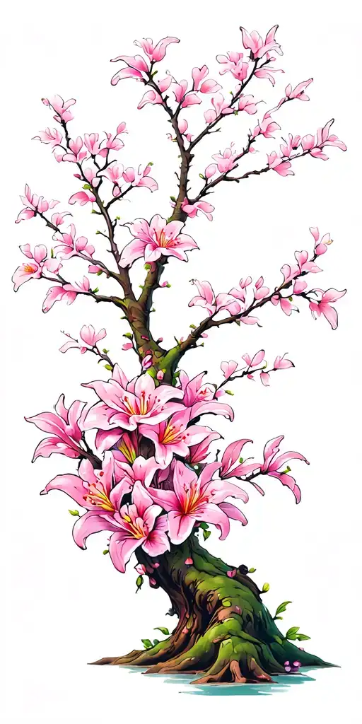 Cherry Blossom Tree With Lilly Flower Bouquet