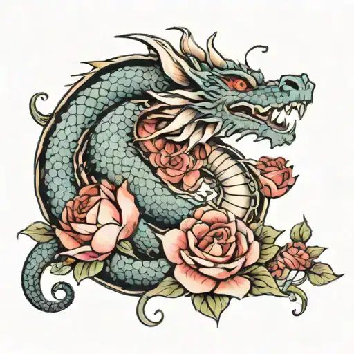 Dragon With Diamonds Inside Of Lotus And Roses