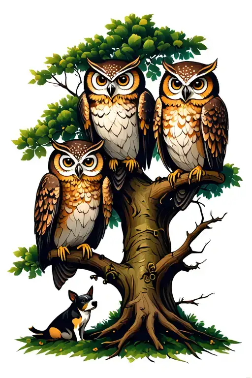 Four Owls On A Tree With A Dog Beside The Tree