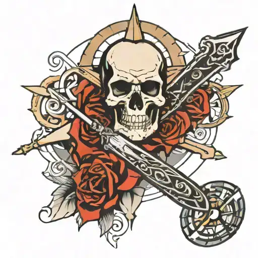 Skull And Knife And Compass Rose With Intricate Details