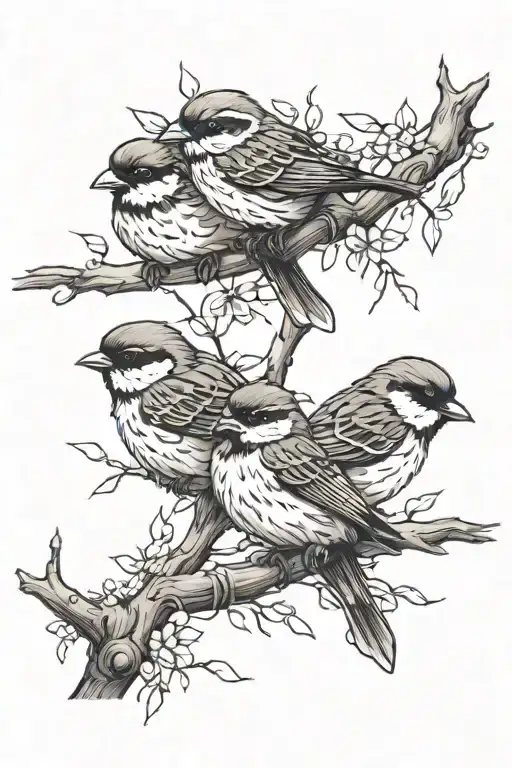 Three Sparrows On A Tree Branch Wrapped