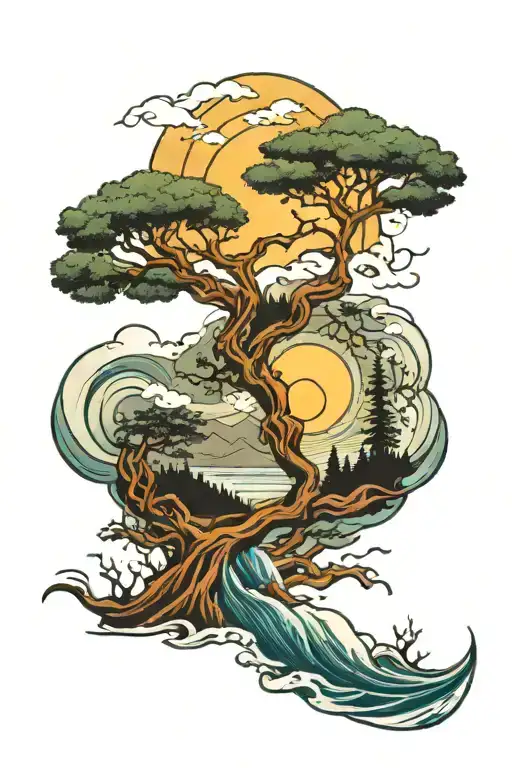 Picture Of My Dad With A Tree And River And Sun And Waves And Mountain In Ecg