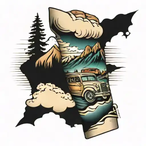 Arm Sleeve With Mountains And Car Parts
