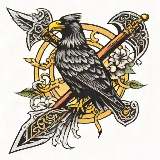 Cross Sword And Vikings Symbol And Crow