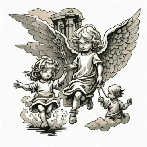 Child And Angel Walking To Heaven Gates