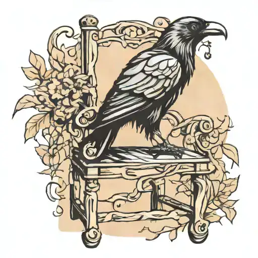 A Broken Wooden Chair With A Raven Perched On It And Vines